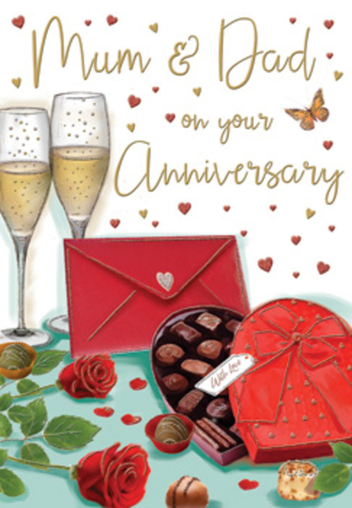 This artistically rendered anniversary card paints a scene of indulgent romance, ideal for celebrating long-lasting love in Creekmouth. In the foreground, two beautifully detailed red roses lie almost touching, their petals unfolding in lush layers from a darker ruby centre to brighter, glowing edges, as if freshly chosen by a skilled florist. The roses are supported by rich green foliage, with each leaf shaped and shaded to suggest a smooth, slightly cool texture under the fingertips. Just beside the blooms, a heart-shaped box of chocolates steals the eye, its deep red casing crowned with an extravagant satin bow whose loops and trailing ends catch the light. The lid is tipped open, revealing perfectly aligned chocolates, their rounded tops shining softly, while a couple of stray pieces rest temptingly nearby, hinting at shared moments of sweetness. Rising behind this arrangement, two tall champagne flutes stand side by side, filled to the brim with a pale golden drink alive with delicate bubbles that rise in shimmering strings, ready for a toast to Mum and Dad. The background is sprinkled with small golden and crimson hearts, swirling around elegant, hand-lettered words of love, creating an aura of festivity and affection that feels very at home in a Creekmouth family celebration. At the bottom, a bright scarlet envelope sits partially under the roses and chocolate box, its pointed flap sealed and gleaming, inviting thoughts of personal messages written with care. The lighting is warm and gentle, with highlights on glass and ribbon and soft shadows under petals and chocolates, giving the whole composition an inviting, three-dimensional quality. Together, the roses, champagne, chocolates, and heartfelt lettering convey a story of gratitude, shared history, and the quiet joy of marking another year together.