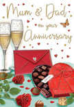 The anniversary card scene is illustrated like a special moment paused in time, perfect for honouring parents in Creekmouth with a touch of elegance and warmth. In the foreground, two full-bodied red roses rest on the tabletop, every petal carefully shaded to evoke velvety softness and a rich ruby colour that deepens toward the centre. They are framed by fresh, green leaves that fan out naturally, echoing the look of a lovingly prepared bouquet set down for display. Close beside them sits a heart-shaped box of chocolates, wrapped in a lavish red bow whose satin loops curl gracefully. The lid is slightly open, revealing a selection of round, glossy truffles inside, with a few pieces artfully scattered nearby to suggest casual, shared indulgence. Behind, a pair of tall, elegant champagne flutes stands almost touching, filled with golden sparkling wine. The tiny bubbles rise in delicate streams, catching the soft light and hinting at the imminent clink of glasses for Mum & Dad. Across the background, tiny hearts in crimson and gold drift around flowing, hand-lettered wording, adding a playful yet romantic tone that feels just right for a family anniversary celebrated close to home in Creekmouth. At the base of the composition, a bright scarlet envelope lies slightly askew, its flap neatly sealed, hinting at tender words, perhaps recalling riverside walks or years of shared milestones. The entire scene is bathed in warm, flattering light that creates pleasing reflections on the glass and ribbon, and gentle shadows beneath the flowers and chocolates. This combination of roses, champagne, chocolates, and affectionate script visually tells a story of love, celebration, and the enduring bond between parents.